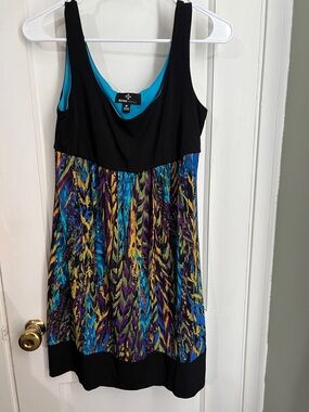 Ronni Nicole Black with Blue Lined Multicolor Printed Dress Size 8P